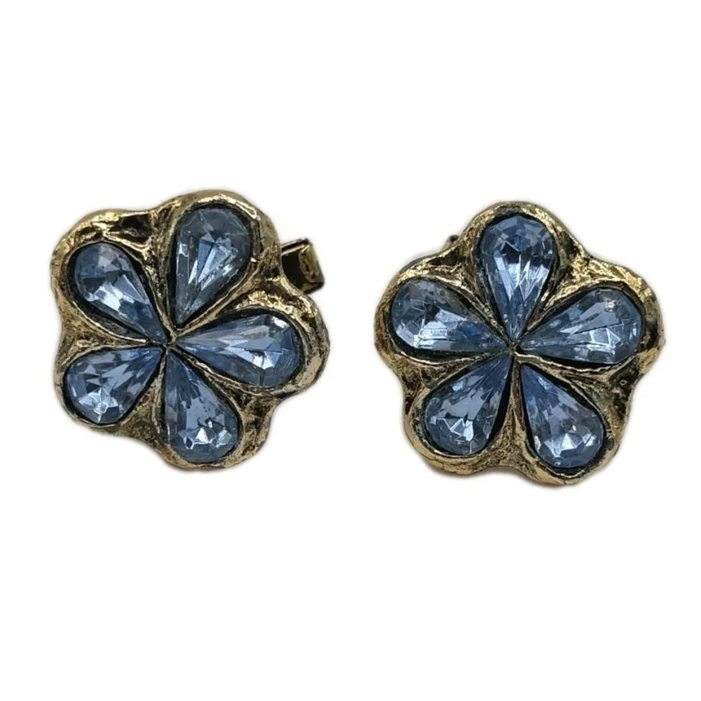 Vintage Blue Teardrop Rhinestone Flower Gold Tone Cufflinks Groovy Retro Funky